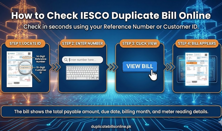 Step-by-step infographic showing how to check an IESCO duplicate electricity bill online using a reference number or customer ID, from entering the number to viewing the bill details.