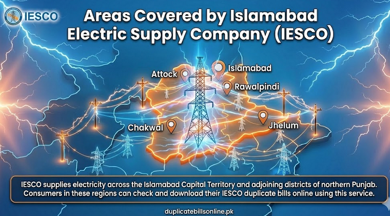 Map-style infographic showing IESCO electricity service areas including Islamabad, Rawalpindi, Attock, Chakwal, and Jhelum with power transmission lines and coverage markers.