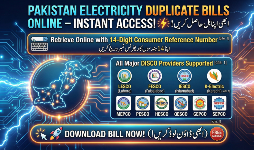 Infographic showing online access to Pakistan electricity duplicate bills using a 14-digit reference number, with support for DISCO providers including LESCO, FESCO, IESCO, K-Electric, MEPCO, PESCO, HESCO, QESCO, GEPCO, and SEPCO.