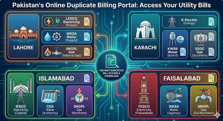 Illustrated dashboard showing Pakistan’s online duplicate billing portal with city-wise access to electricity, gas, and water bills for Lahore, Karachi, Islamabad, and Faisalabad, including providers like LESCO, IESCO, FESCO, SNGPL, SSGC, K-Electric, WASA, and KWSC.
