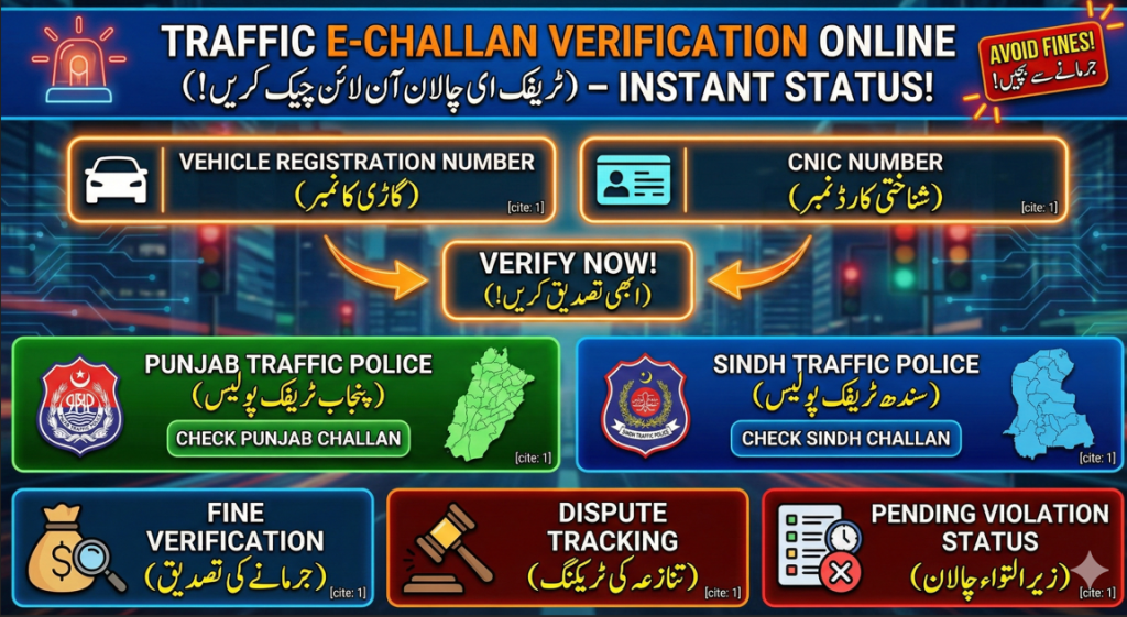 Infographic showing online traffic e-challan verification in Pakistan using vehicle registration number or CNIC, with access to Punjab Traffic Police and Sindh Traffic Police systems, including fine verification, dispute tracking, and pending violation status.