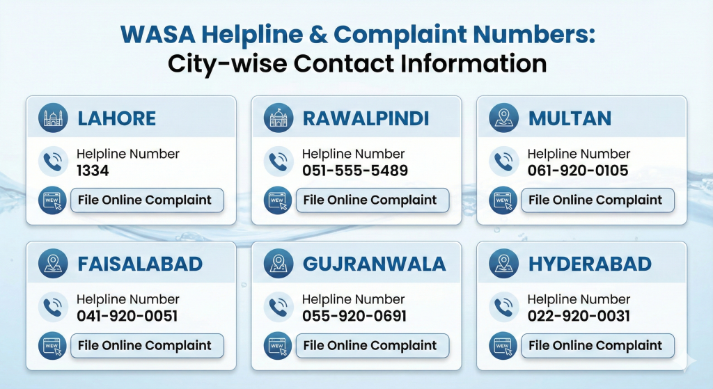 Infographic titled 'WASA Helpline & Complaint Numbers: City-wise Contact Information'. It displays six rectangular panels for different cities, each with a blue header, phone icon, and web icon. The panels are for Lahore (Helpline 1334, File Online Complaint), Rawalpindi (Helpline 051-555-5489, File Online Complaint), Multan (Helpline 061-920-0105, File Online Complaint), Faisalabad (Helpline 041-920-0051, File Online Complaint), Gujranwala (Helpline 055-920-0691, File Online Complaint), and Hyderabad (Helpline 022-920-0031, File Online Complaint). The background is a light blue gradient with subtle water wave patterns.