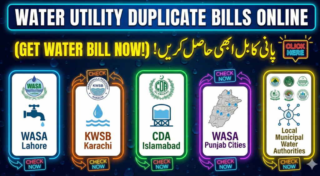 Graphic showing online access to duplicate water bills in Pakistan, including WASA Lahore, KWSB Karachi, CDA Islamabad, WASA Punjab cities, and local municipal water authorities.