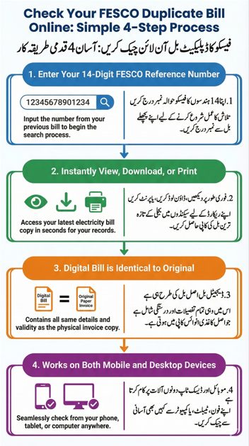 FESCO duplicate bill online 4-step process infographic showing how to enter 14-digit reference number, view or download bill, and confirm validity in Urdu and English