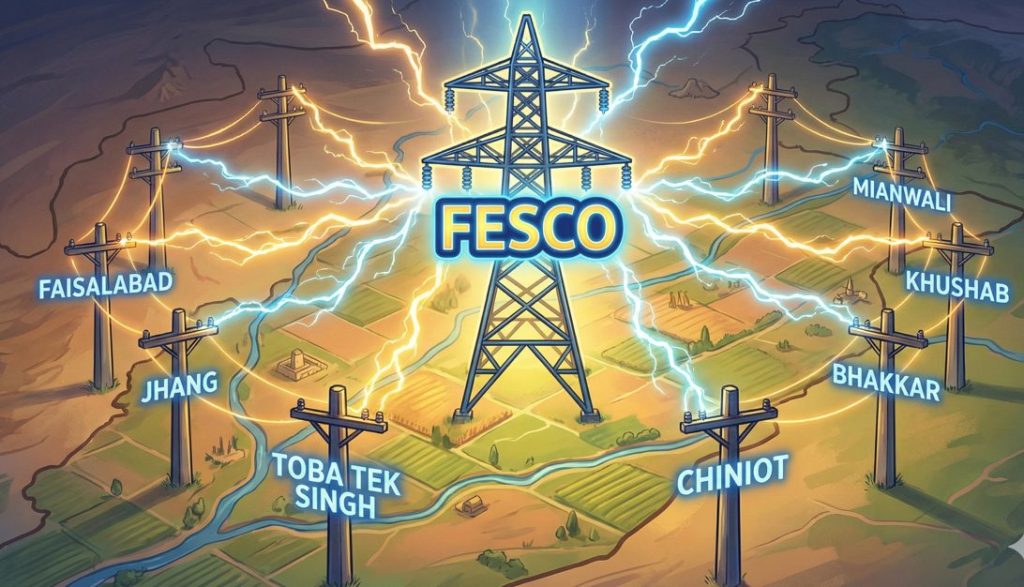Illustration showing FESCO electricity coverage with a main transmission tower distributing power to Faisalabad, Jhang, Toba Tek Singh, Chiniot, Sargodha, Bhakkar, Khushab, and Mianwali