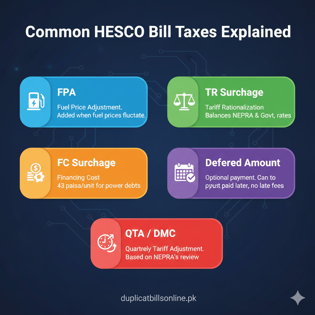 A colorful, clearly labeled infographic explaining HESCO bill taxes: FPA (Fuel Price Adjustment), TR Surcharge, FC Surcharge, Deferred Amount, and Quarterly Tariff Adjustment (QTA), branded with duplicatbillsonline.pk.