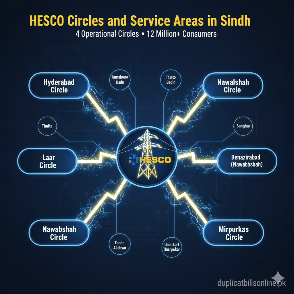 An electric-themed infographic featuring a central HESCO power pole with lightning bolts connecting to Hyderabad, Laar, Nawabshah, and Mirpurkhas circles, branded with the duplicatbillsonline.pk watermark.