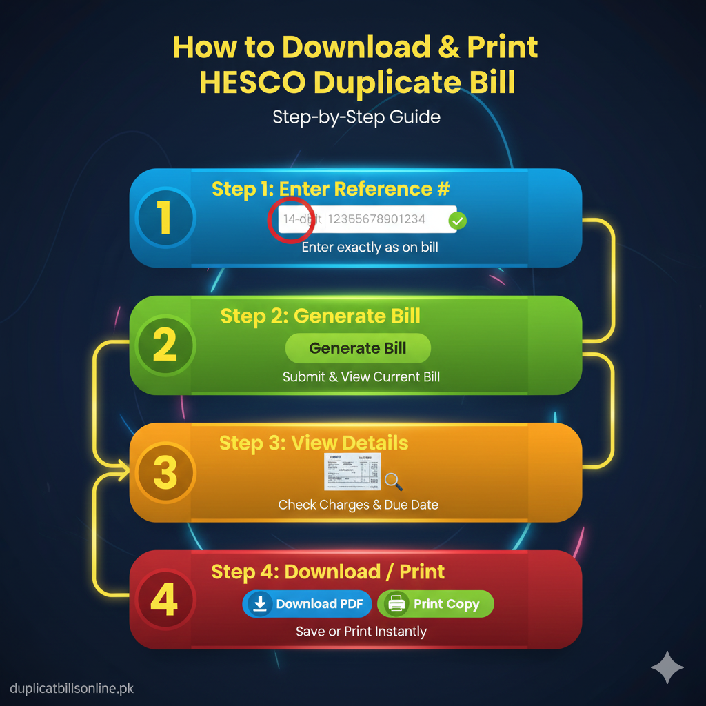 A clean, numbered instructional infographic with the duplicatbillsonline.pk watermark, showing the 4-step process of entering a 14-digit reference number, viewing the hesco duplicate bill, and downloading the official HESCO PDF.