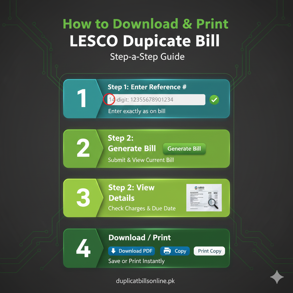 A clean, 4-step instructional infographic for LESCO bill download with the duplicatbillsonline.pk watermark, illustrating entering the 14-digit reference number, viewing the bill, and saving the PDF.