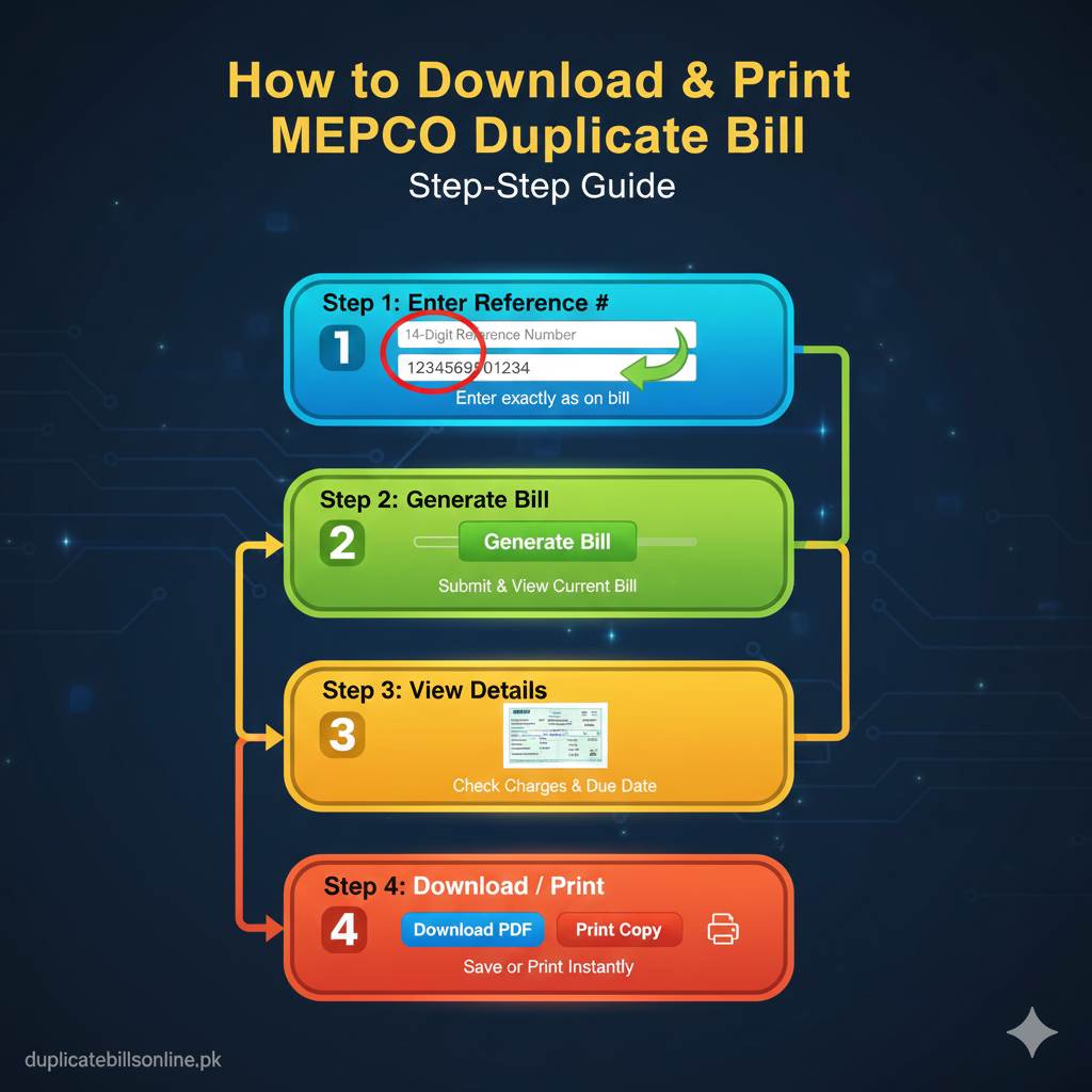 A clean, numbered step-by-step infographic with the duplicatebillsonline.pk watermark, showing how to enter a 14-digit reference number, generate the mepco duplicate bill, and download the PDF.