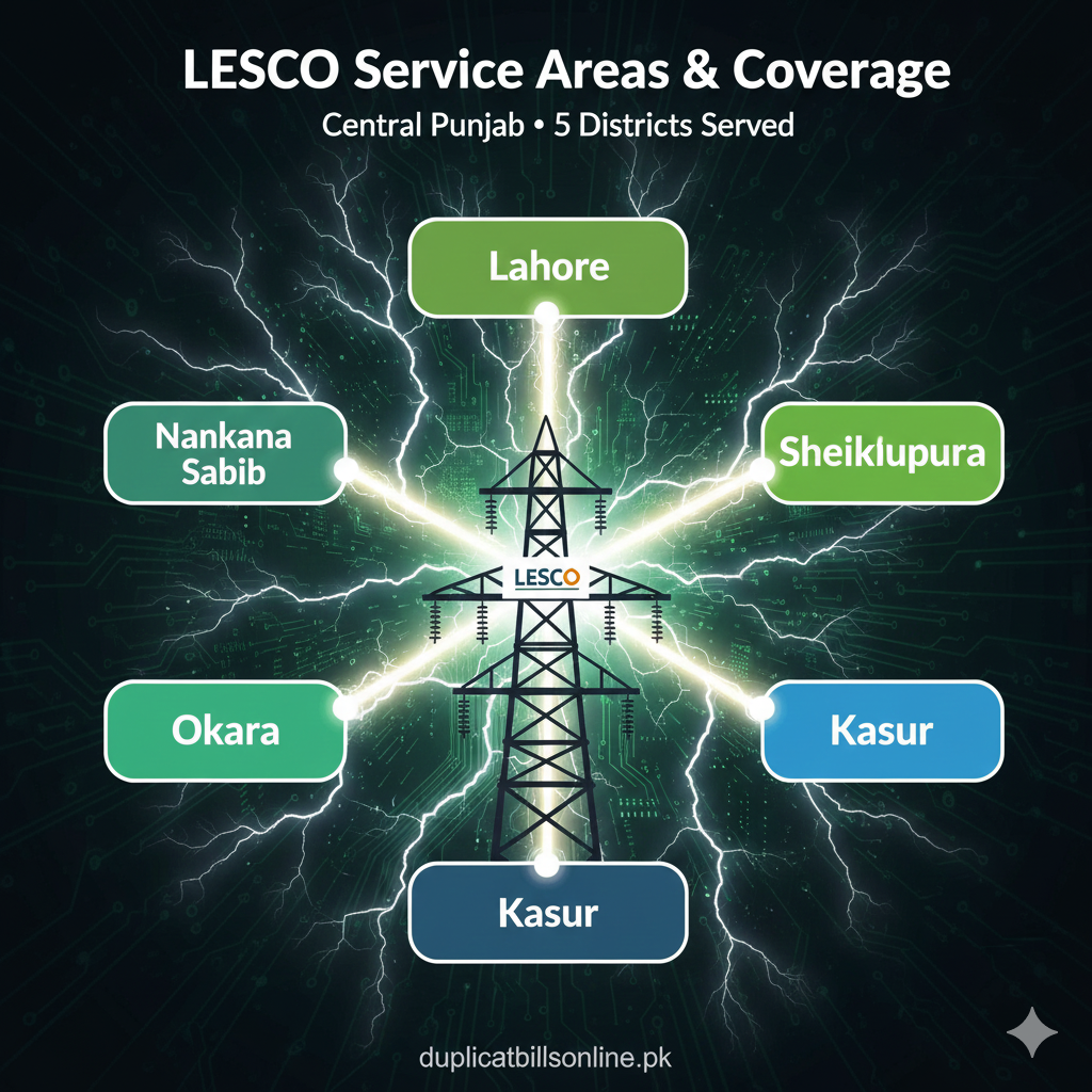 An electric-themed infographic with a central LESCO power pole and lightning bolts pointing to Lahore, Sheikhupura, Kasur, Okara, and Nankana Sahib, featuring the duplicatbillsonline.pk watermark.