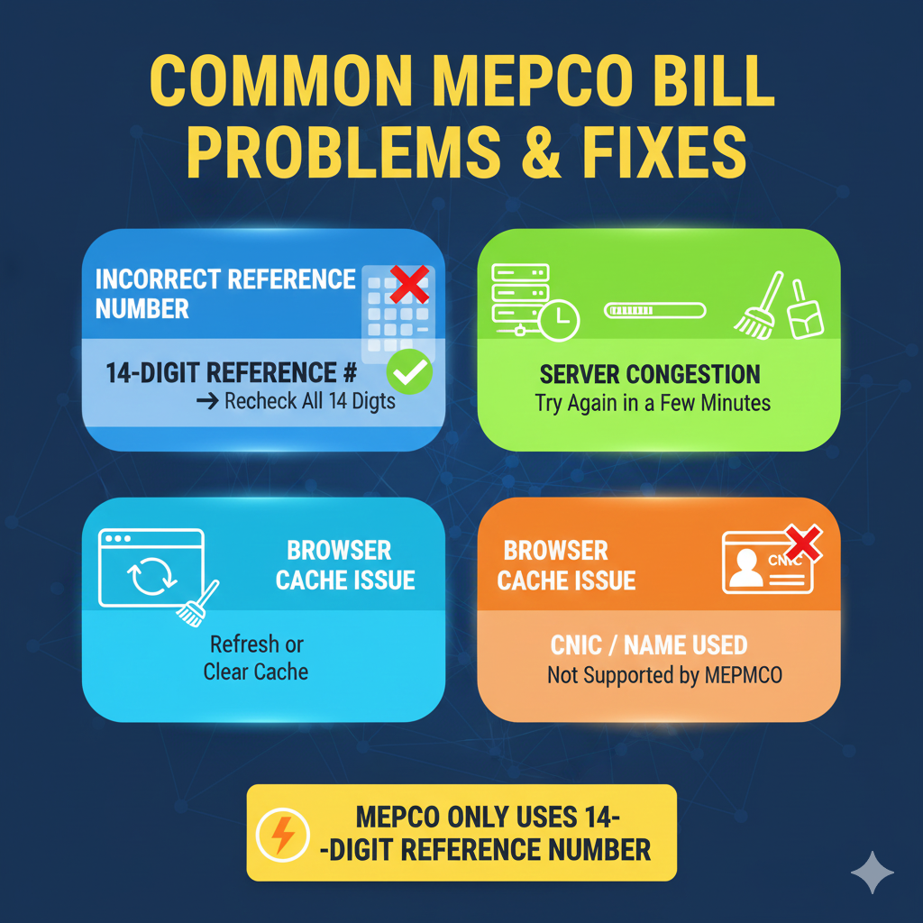 A professional troubleshooting graphic for MEPCO bills with a watermark for duplicatebillsonline.pk, showing solutions for incorrect reference numbers, server congestion, and browser cache issues.