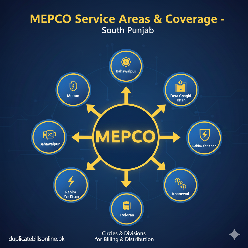 An informative infographic with 'MEPCO' in the center and arrows pointing to its covered areas including Multan, Bahawalpur, Dera Ghazi Khan, Muzaffargarh, Rahim Yar Khan, Vehari, Lodhran, and Khanewal.