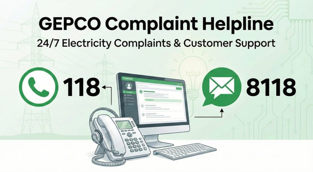 GEPCO complaint helpline image showing 24/7 electricity complaint support with phone number 118 and SMS service 8118