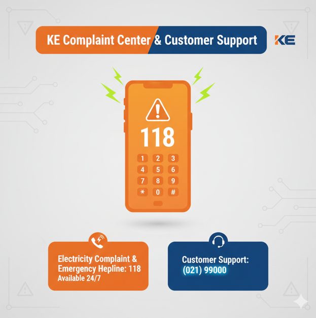 K-Electric complaint center infographic showing 24/7 electricity emergency helpline 118 and customer support number 021 99000