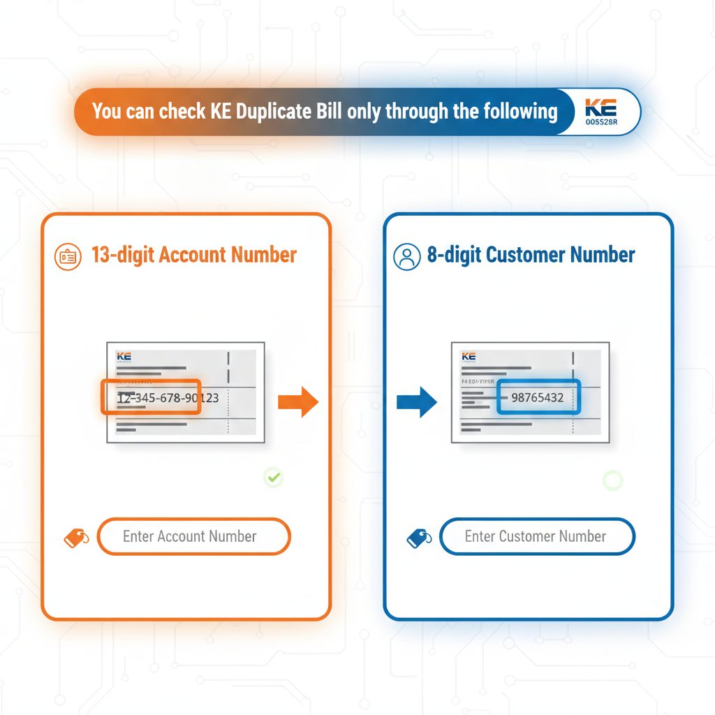 “Ways to check KE duplicate bill online using 13-digit account number or 8-digit customer number”