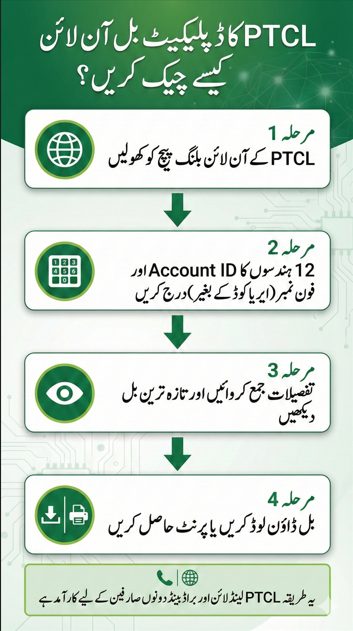 Step-by-step visual guide explaining how to check a PTCL duplicate bill online by visiting the official website, entering a 12-digit Account ID and phone number without area code, viewing bill details, and downloading or printing the bill