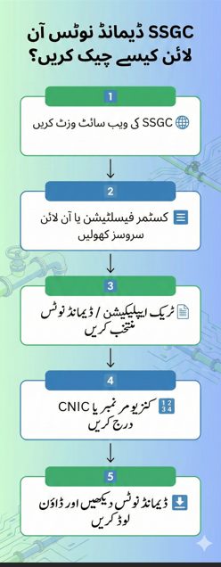 SSGC کے تحت سُوئی گیس ڈیمانڈ نوٹس آن لائن چیک کرنے کے مراحل کی اردو انفوجرافک
