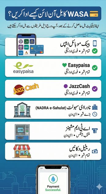 WASA online bill payment methods including mobile banking, Easypaisa, JazzCash, NADRA e-Sahulat, ATM and retail shops in Pakistan