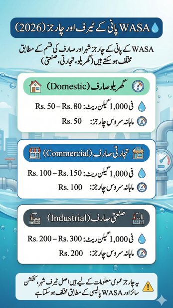 WASA water tariff and charges 2026 showing domestic, commercial and industrial water rates in Pakistan