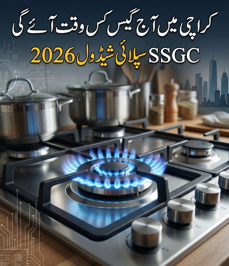 Karachi gas timing today showing SSGC supply schedule with gas stove flame representing low pressure and scheduled gas availability in Karachi homes