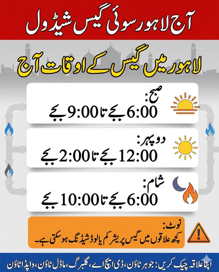Lahore gas timing today infographic in Urdu showing morning afternoon and evening Sui gas schedule for Lahore residents