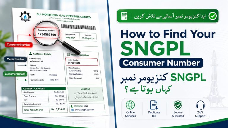 How to find SNGPL consumer number on Pakistan gas bill with highlighted consumer number section and utility billing guidance design.